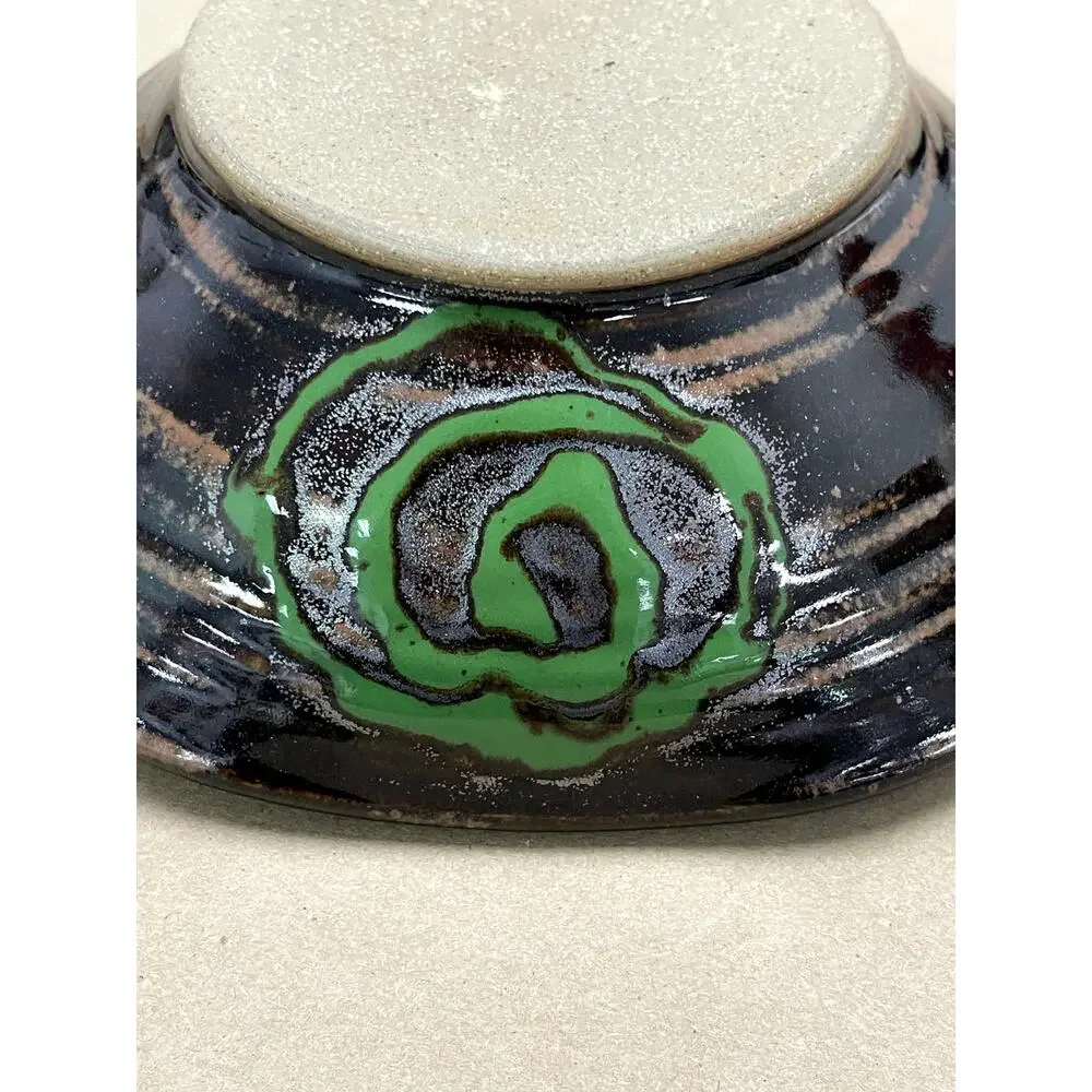 Studio Pottery Handcrafted Brown Glazed Bowl Green Swirl Abstract 7.75in Artisan